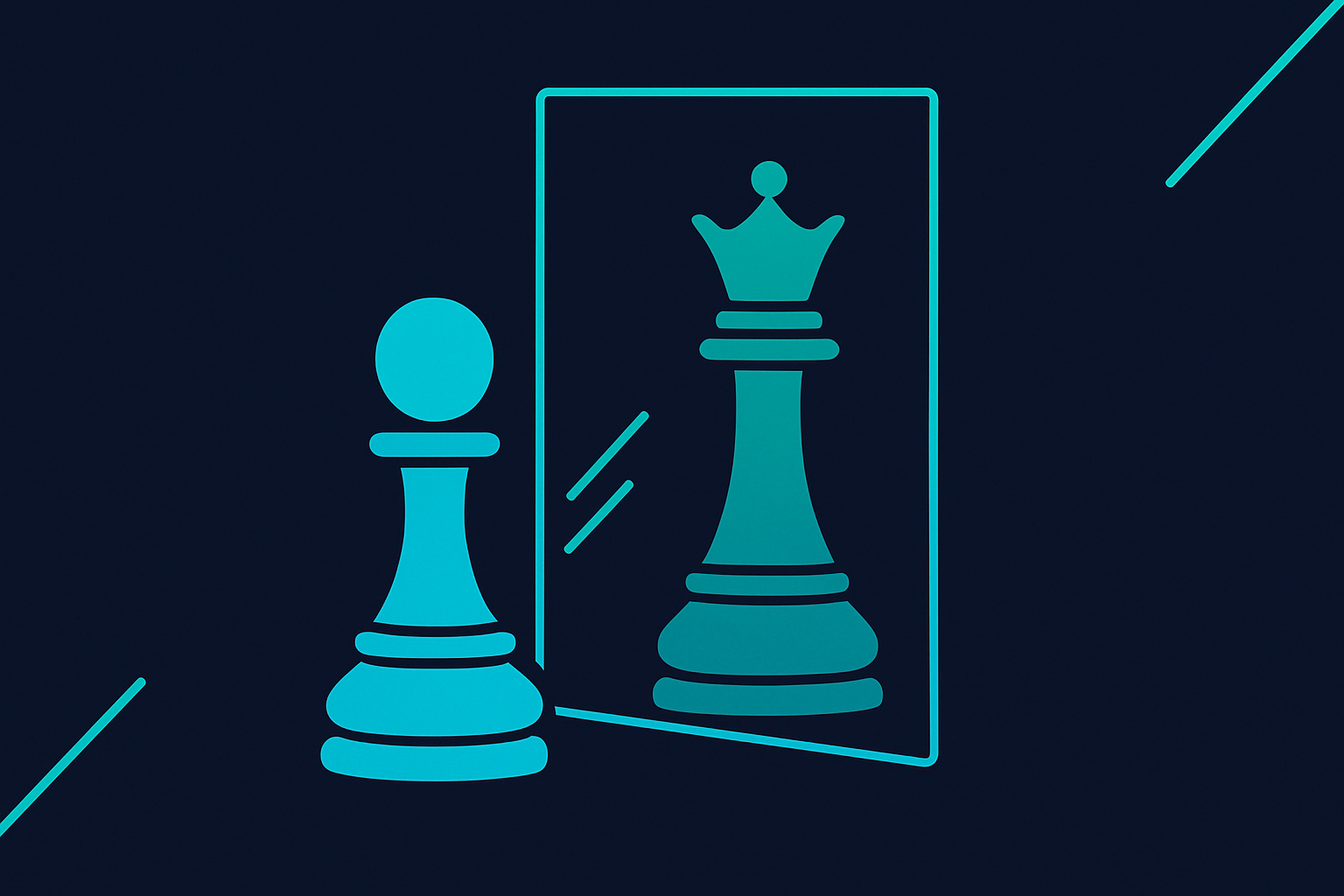 Chess piece and its different reflection in a mirror, representing how people perceive the same person differently