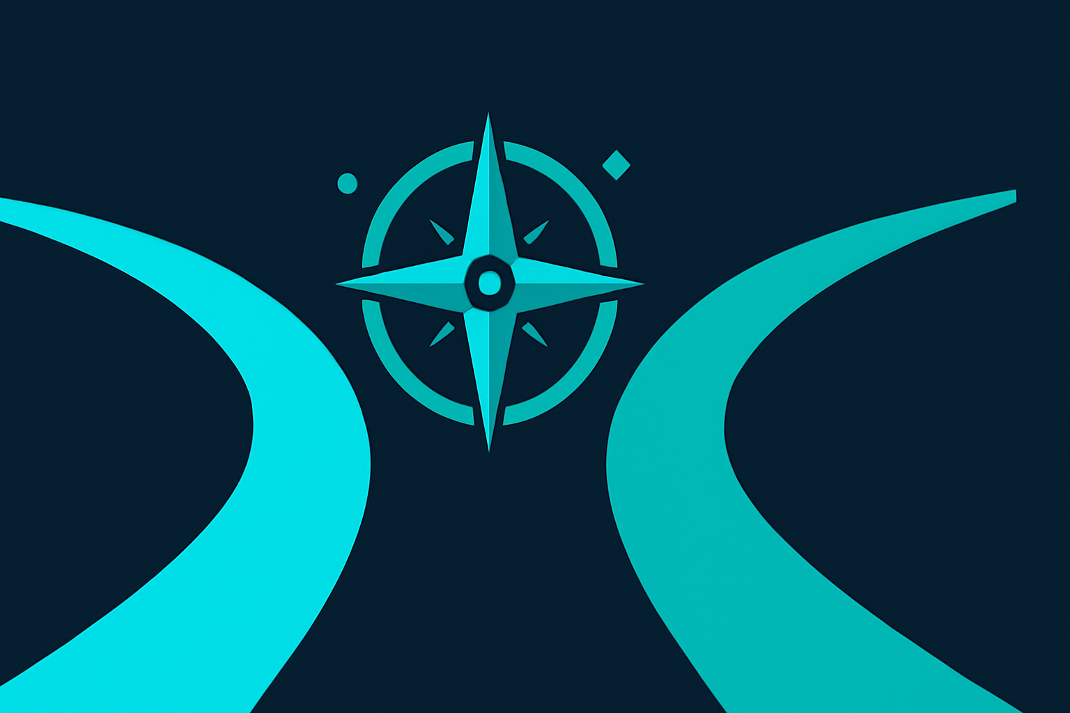 Career pivot illustration with a forked path and compass in cyan and teal on navy