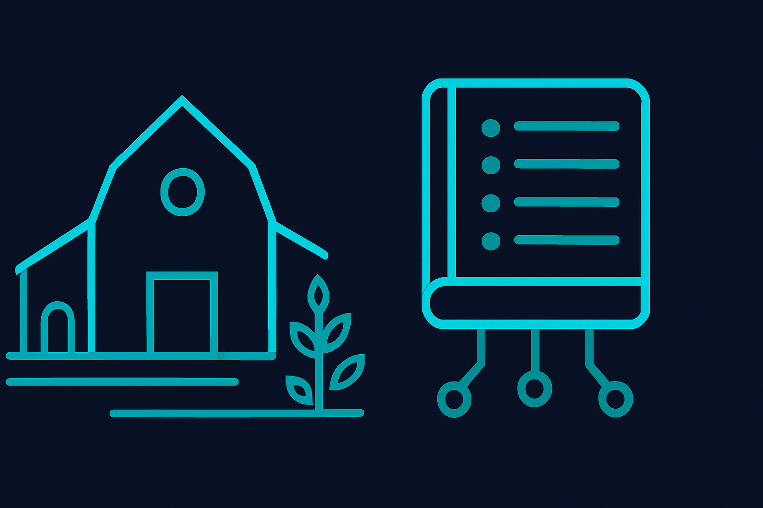Wealth management illustration showing a farmhouse silhouette and a trust ledger on a dark navy background.