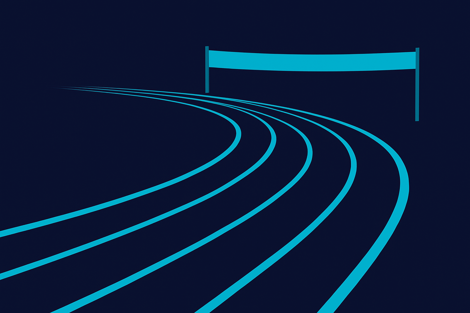 Finish strong podcast illustration with a running track curving to a finish line in cyan and teal on navy