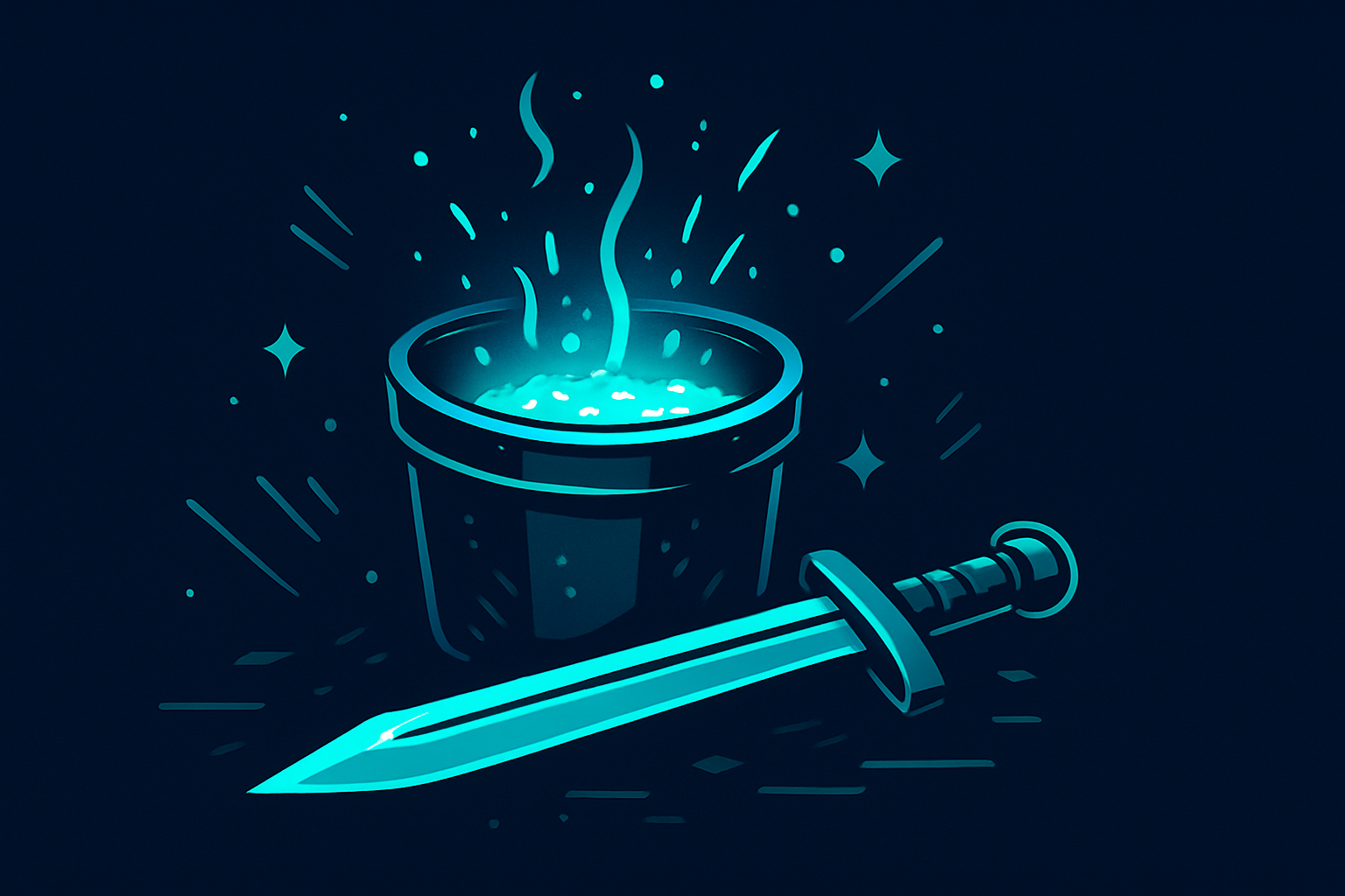 The crucible: a glowing forge and a finished sword on a dark navy field