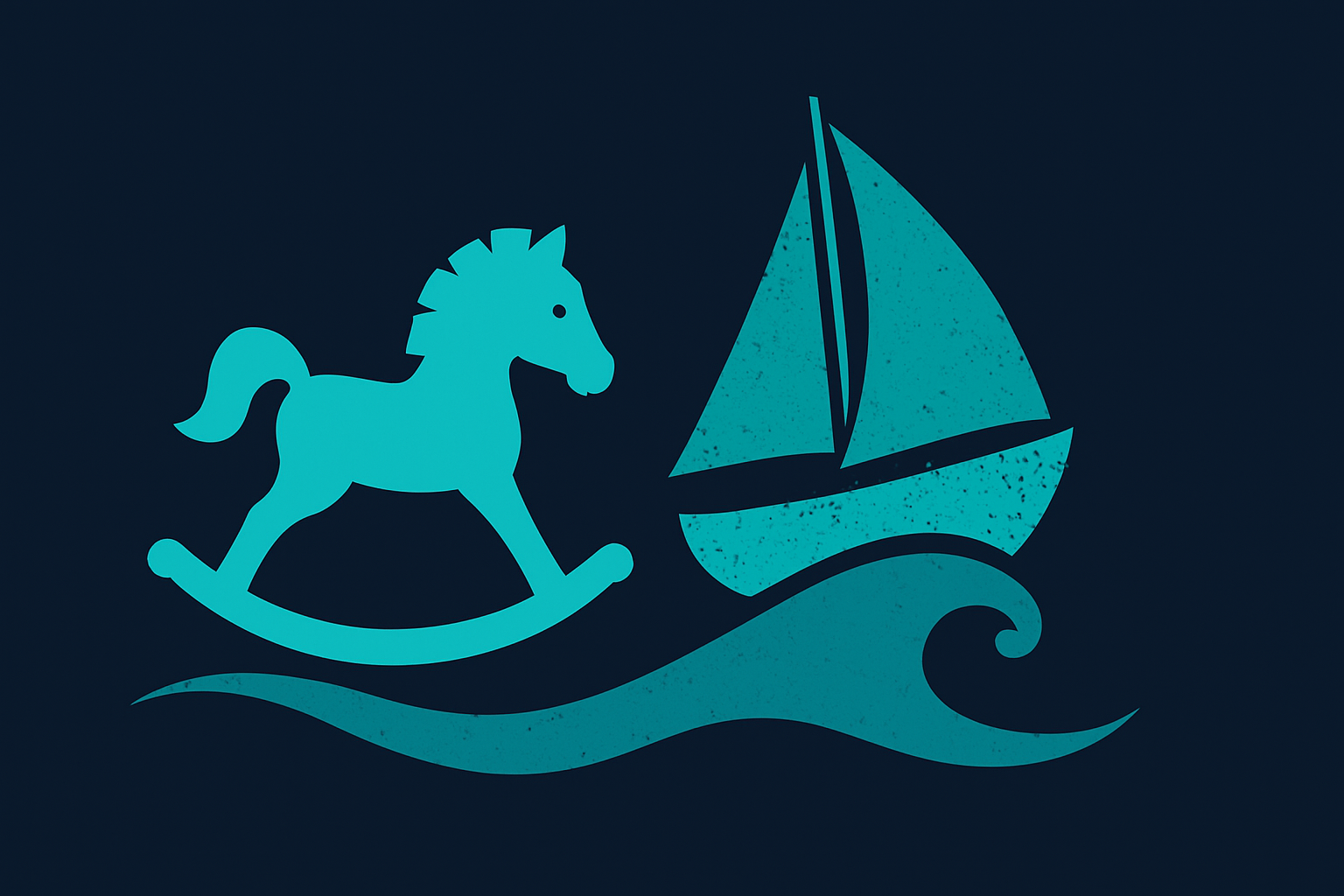 Weathering storms illustration with a rocking horse and a small boat on a wave