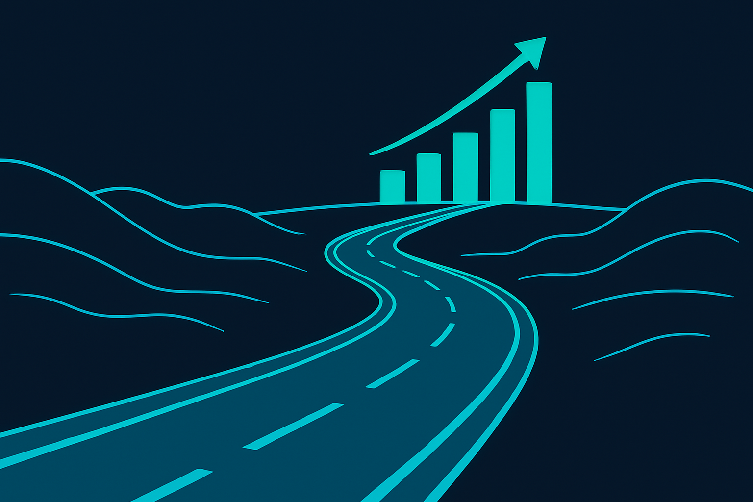 Career path illustration of a winding road leading to a rising bar chart on the horizon