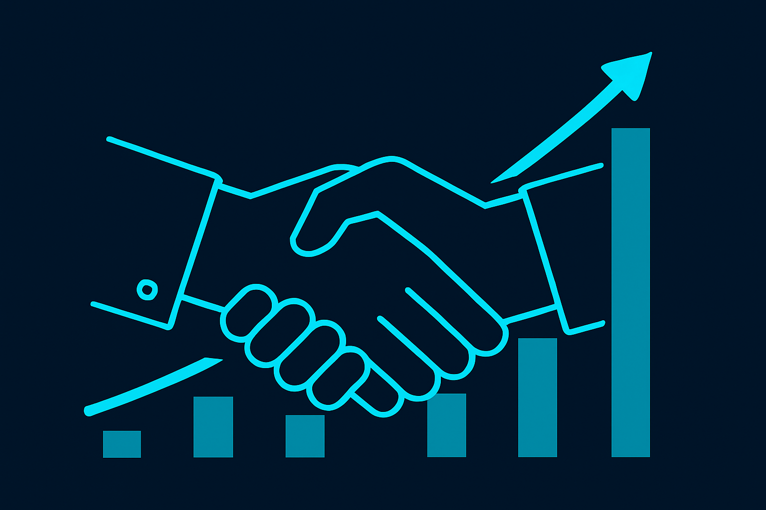 Sales growth concept with handshake and rising chart in cyan and teal vector style
