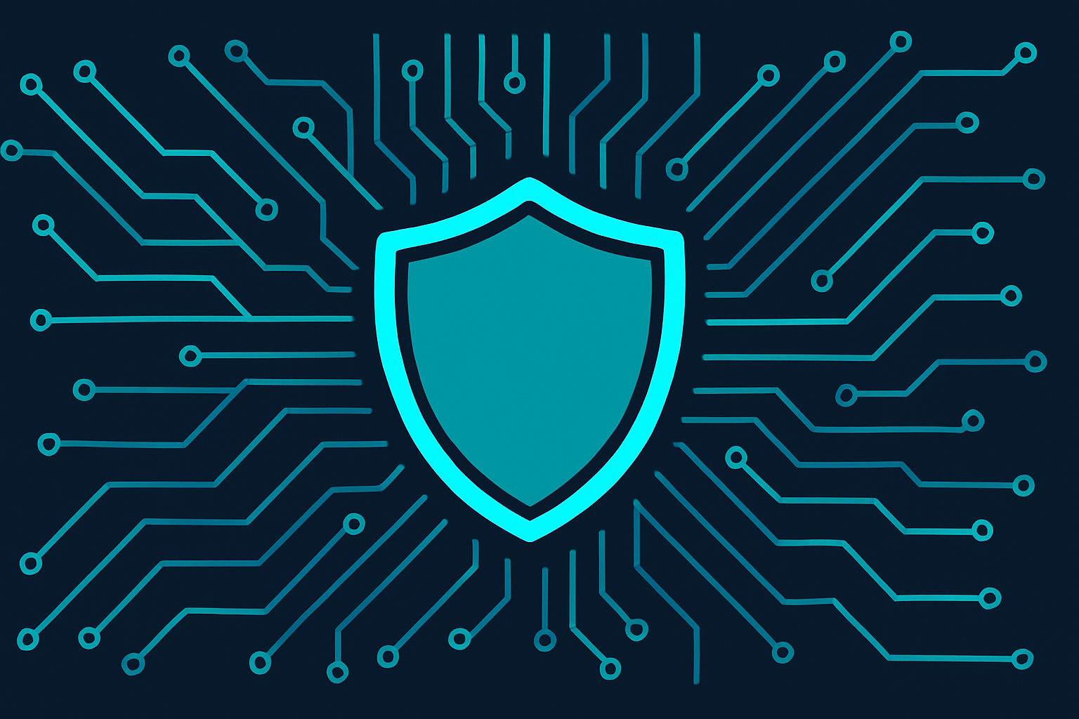 IT compliance podcast illustration with a shield in front of a circuit board in cyan and teal on navy