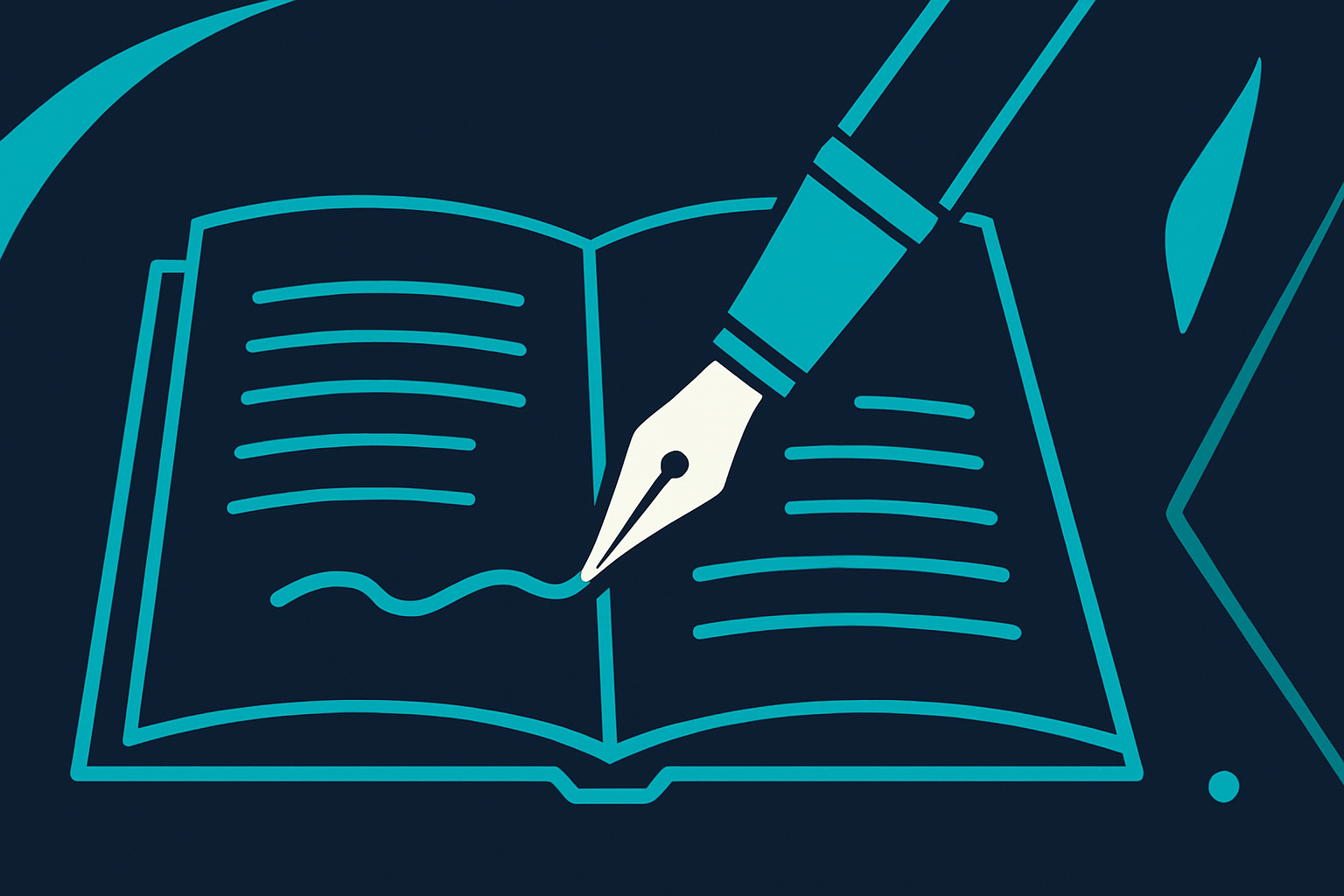 Grant writing illustration with a fountain pen and document in cyan and teal on navy