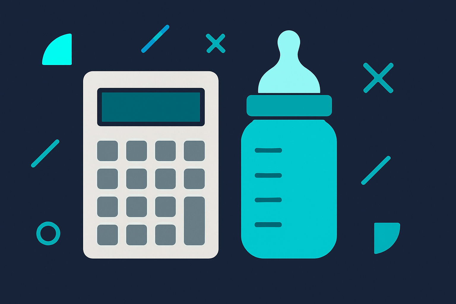 Family friendly accounting firm podcast illustration with a calculator and baby bottle in cyan and teal on navy