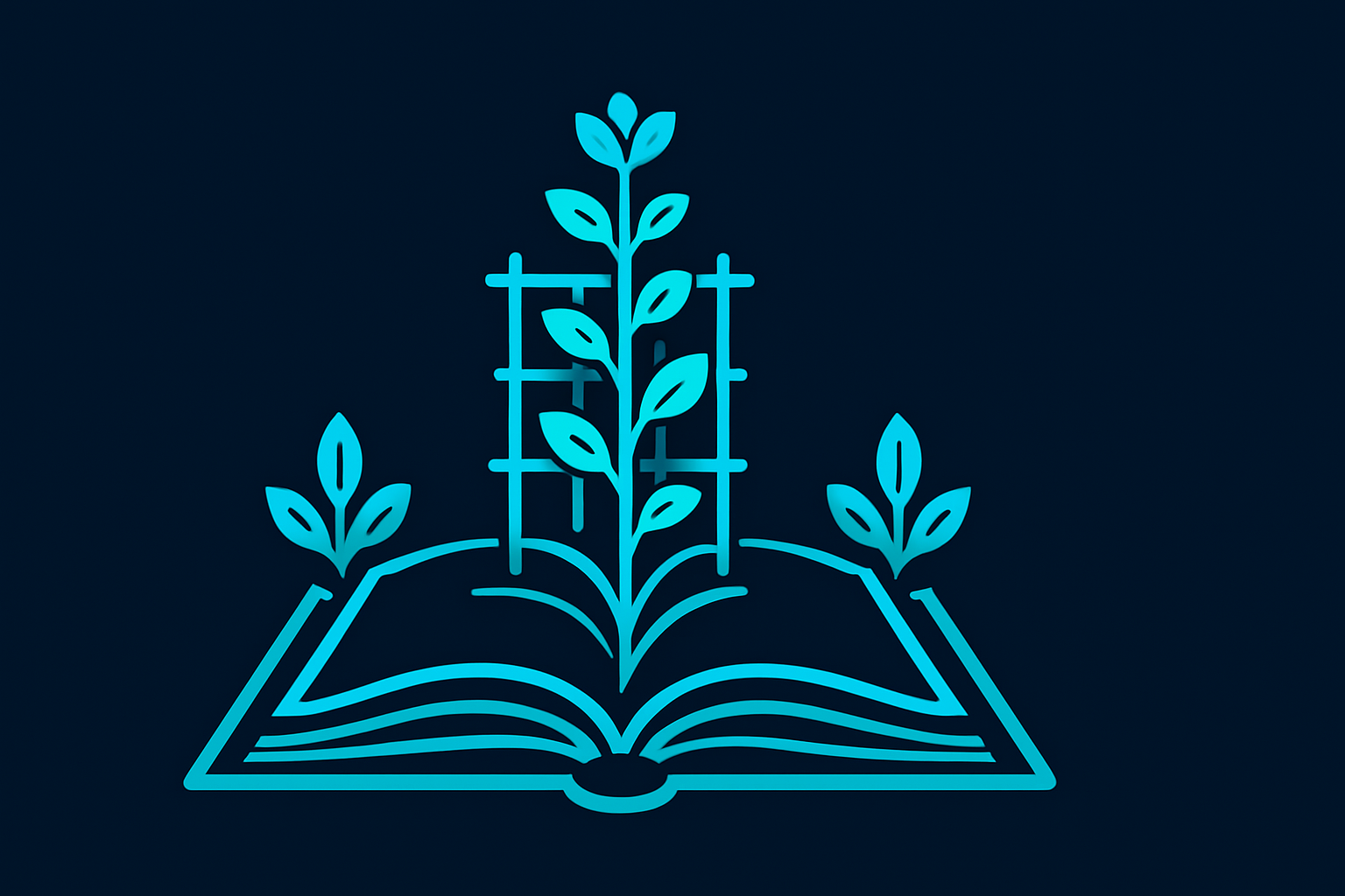 Class act illustration: stylized open book with a small trellis growing from its pages over a dark navy field
