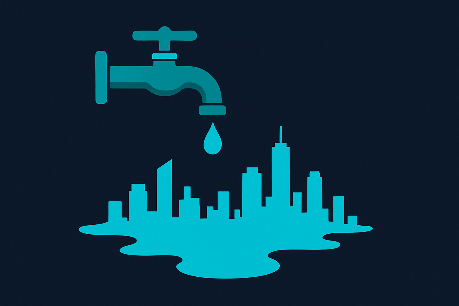 Dopamine trap podcast illustration with a dripping faucet over a city skyline puddle in cyan and teal on navy