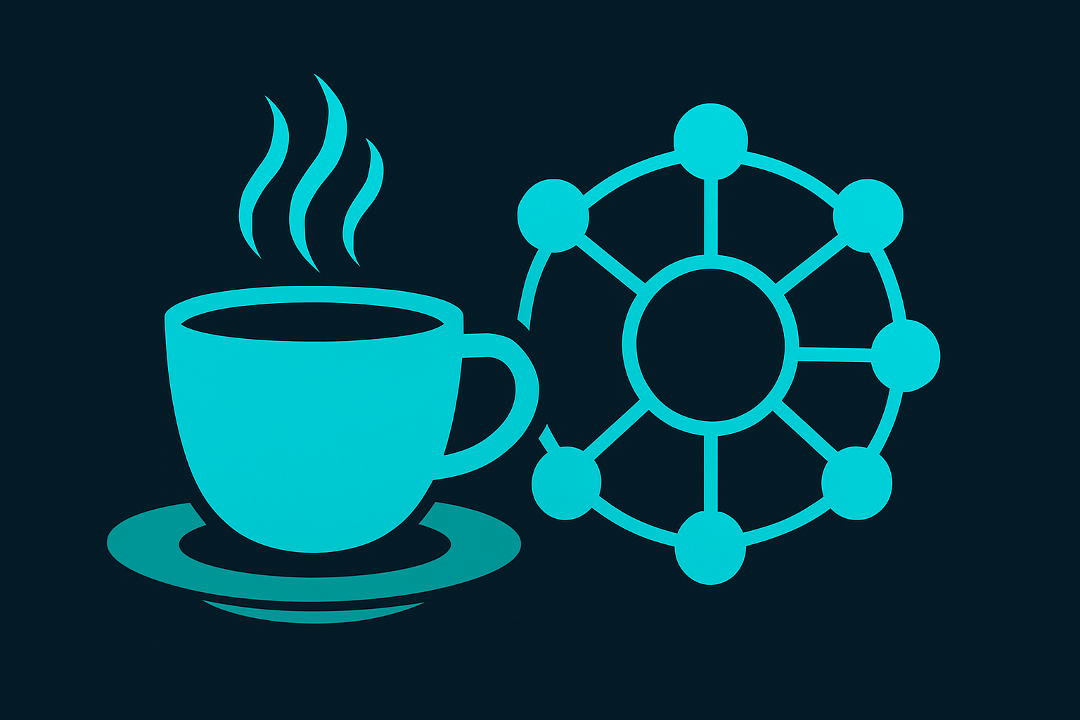 Community centered entrepreneurship illustrated with a coffee cup and a network of connected nodes on a dark navy background