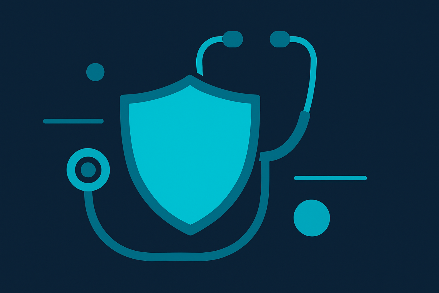 Health insurance podcast illustration with a shield and stethoscope in cyan and teal on navy