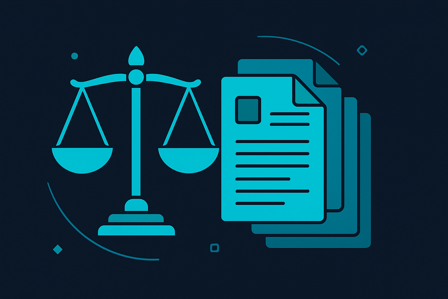 Litigation support and e-discovery illustration with scales of justice and digital documents