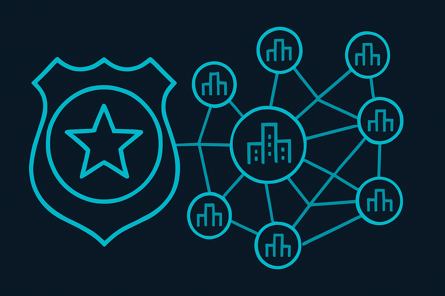 Police badge and interconnected city network representing tribal dynamics and smart city public safety