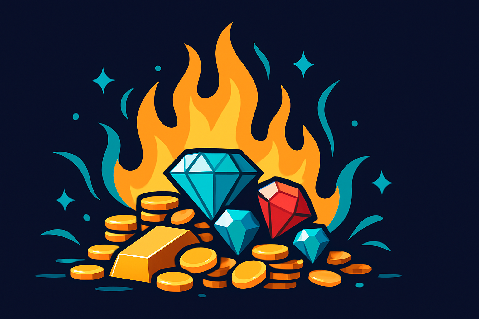 Gold or straw illustration: stylized gold and gemstones in front of rising flames on a dark navy field