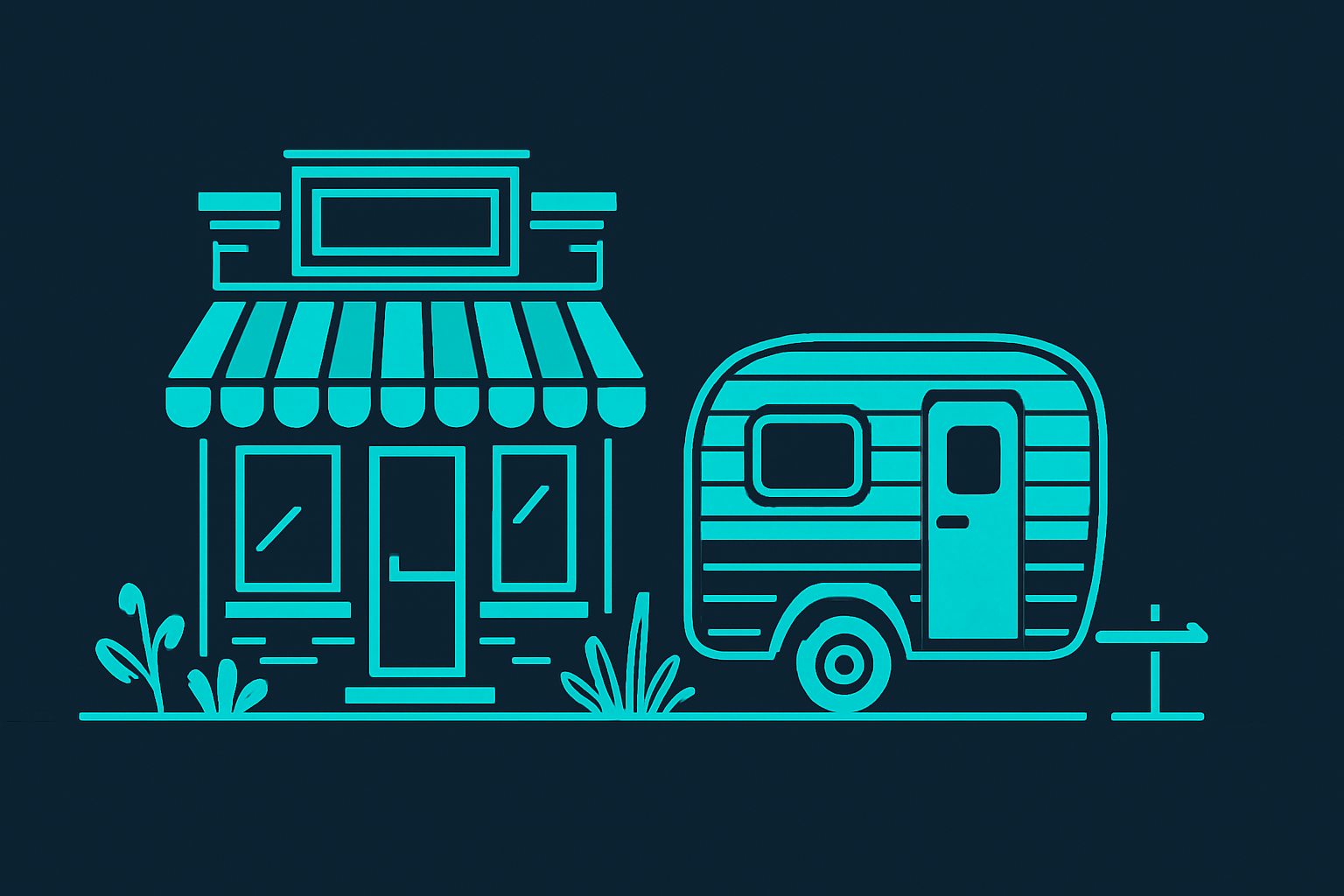 Small town boutique storefront and mobile trailer concept in cyan and teal vector style