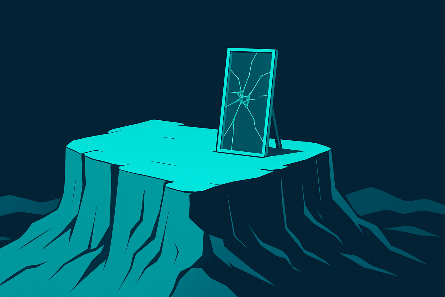 Ego and growth plateau illustration with a mountain ledge and a cracked mirror in navy and cyan