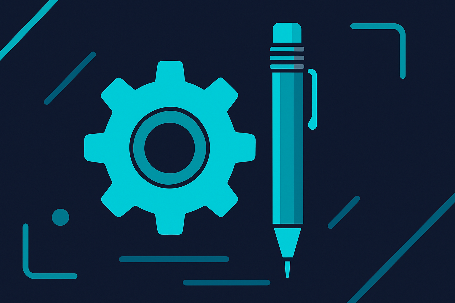 Reinventing yourself podcast illustration with a mechanical pencil and a gear in cyan and teal on navy