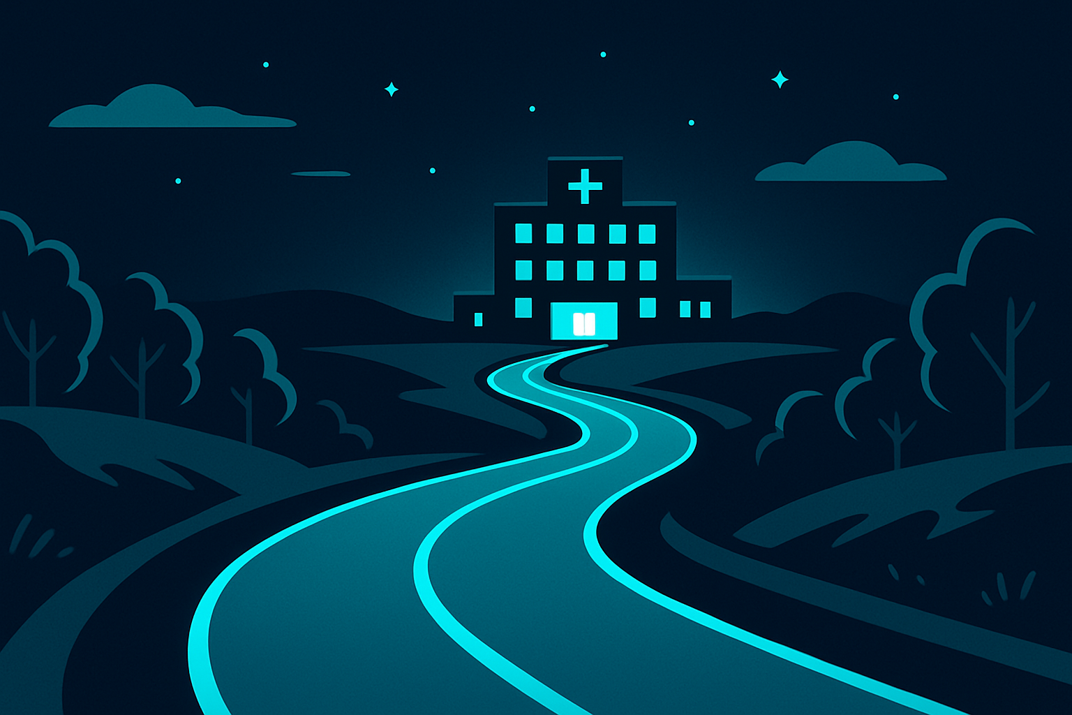 Stylized road leading toward a distant hospital, representing the one more stop that reshaped Todd Milner's sales career