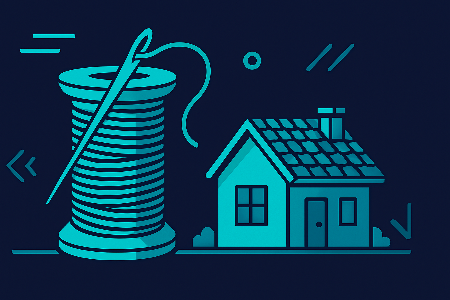 Bespoke tailoring and community development podcast illustration with a thread spool and rooftop in cyan and teal on navy