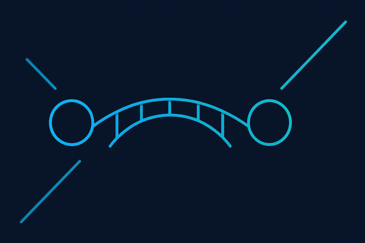 Referral trust illustration, a bridge linking two nodes in cyan and teal on a dark navy background
