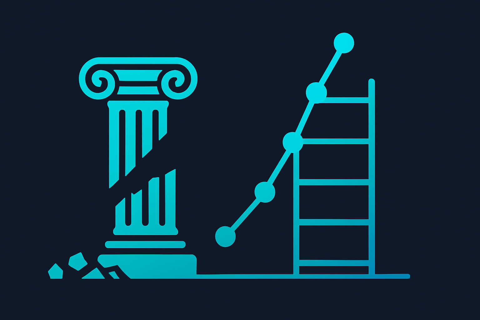 Illustration of resilience and adaptation in business with a broken column and rising network of nodes