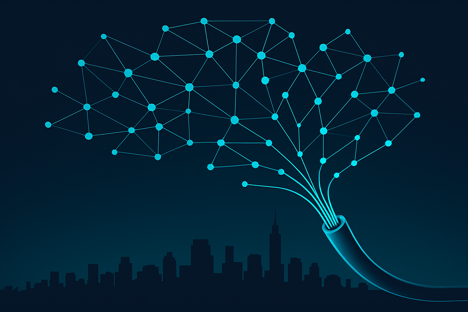 Fiber-optic network branching across a Kansas City skyline, representing digital equity and innovation