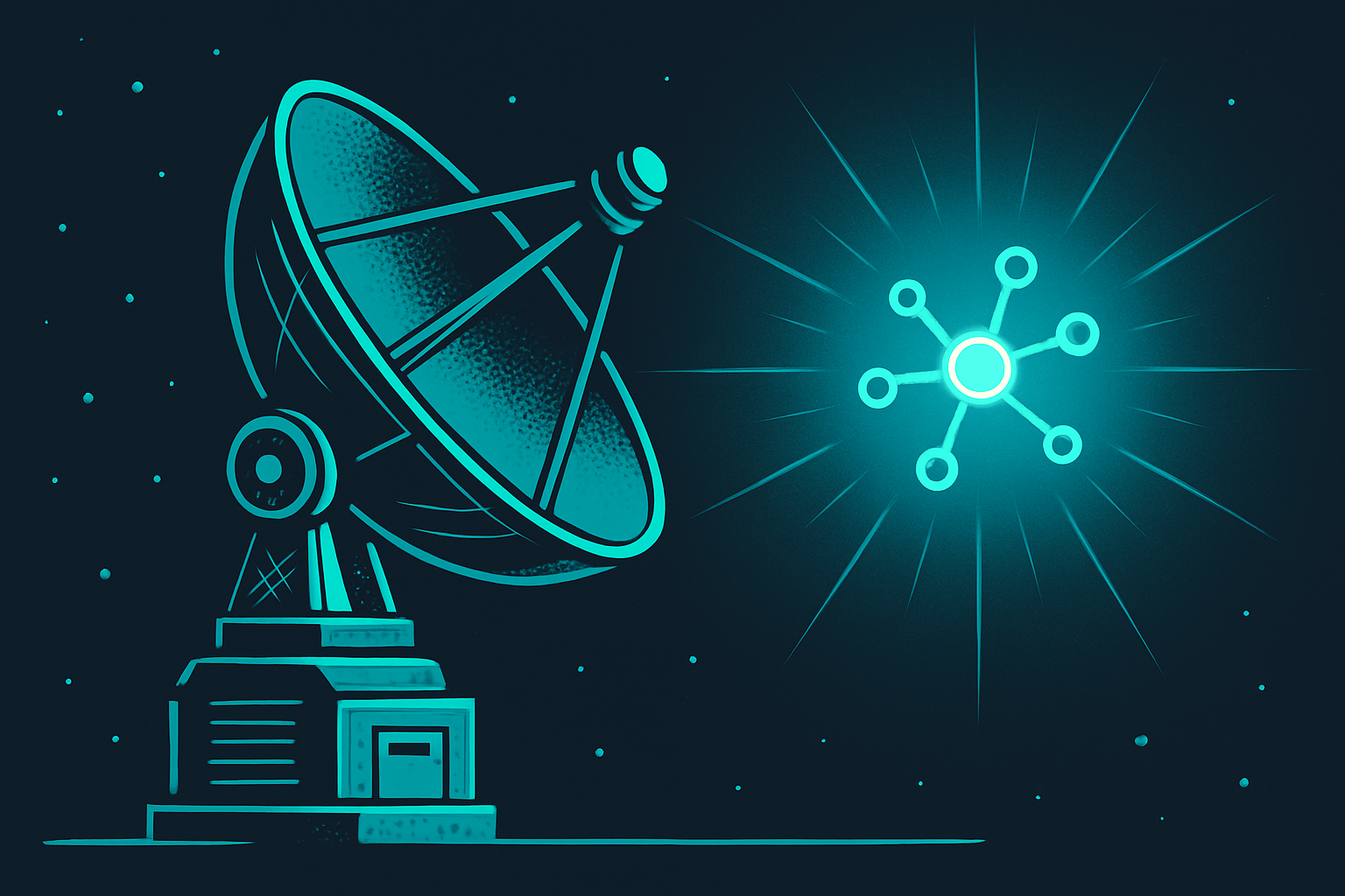 Early internet infrastructure illustration with a satellite dish connecting to a network node