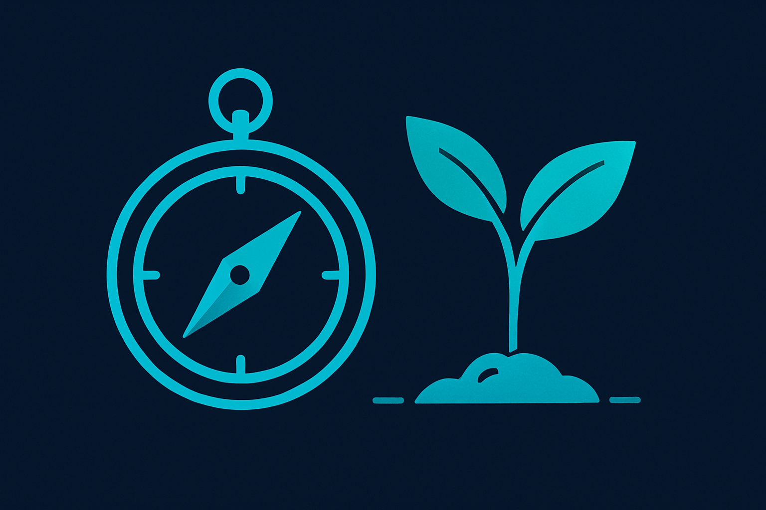 Core values illustration with a compass and a growing sprout in cyan and teal on navy